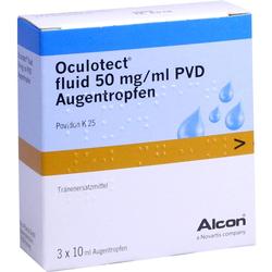 Eine Packung Oculotect Augentropfen mit blauen Wassertropfen auf der Vorderseite.