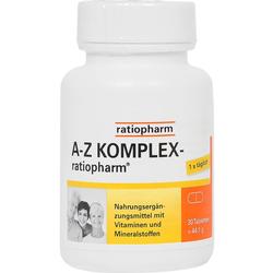 Weiße Pillendose von Ratiopharm mit A-Z-Komplex Vitaminen und Mineralstoffen.
