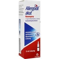 Weiße Verpackung eines Nasensprays gegen Allergien mit blau-rotem Design.