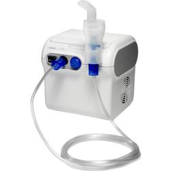 Ein weißer Inhalator mit blauen Anschlüssen und einem Schlauch.