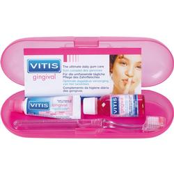 Ein pinkes Etui enthält Zahnpflegeprodukte von Vitis für das Zahnfleisch.