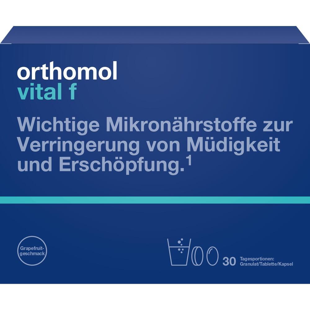 Blaue Verpackung von Orthomol Vital F mit Text über Mikronährstoffe gegen Müdigkeit.