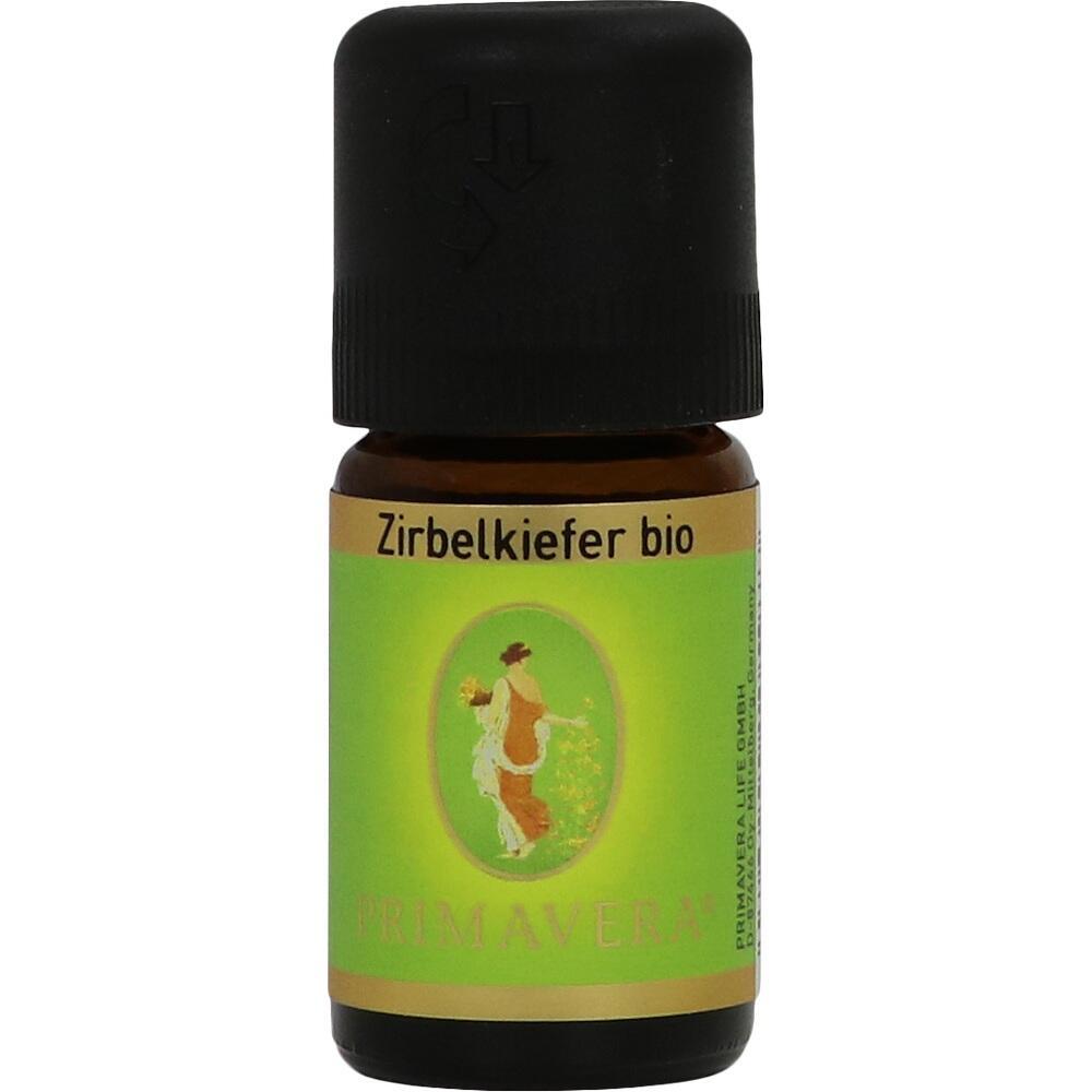 Kleines Fläschchen mit schwarzem Deckel und grünem Etikett, darauf steht "Zirbelkiefer Primavera".