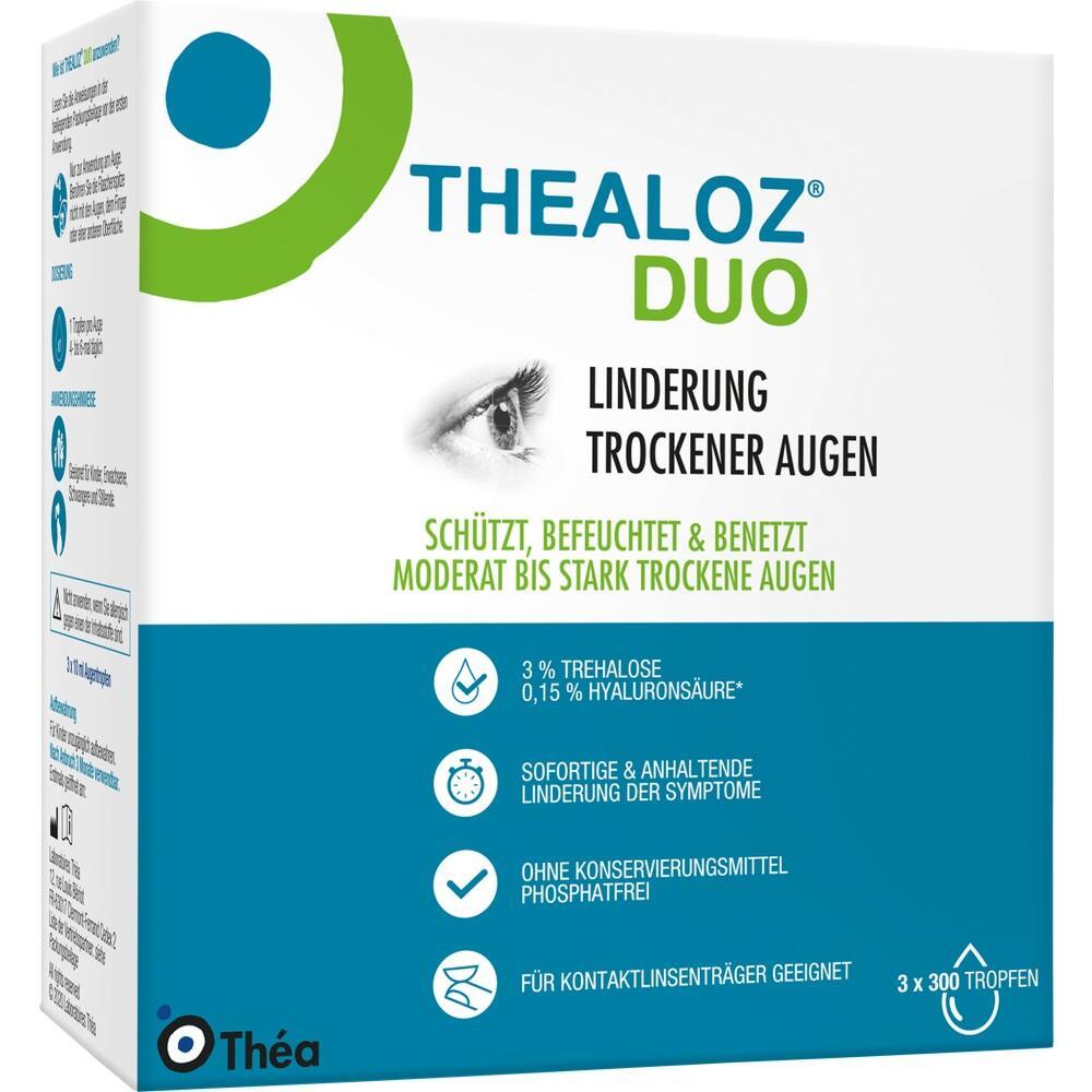 Eine Verpackung von Augentropfen für trockene Augen mit dem Namen "Thealoz Duo".