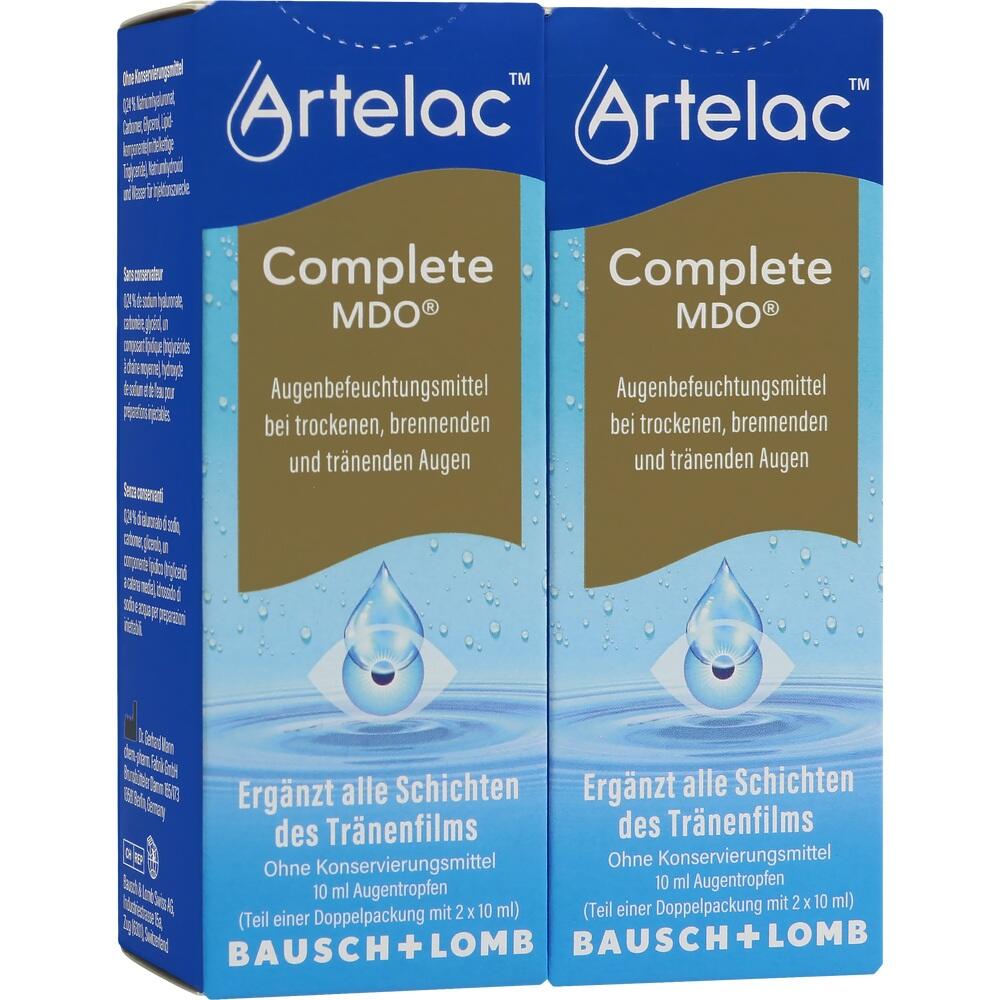 Zwei blaue Packungen Artelac Augentropfen gegen trockene Augen.