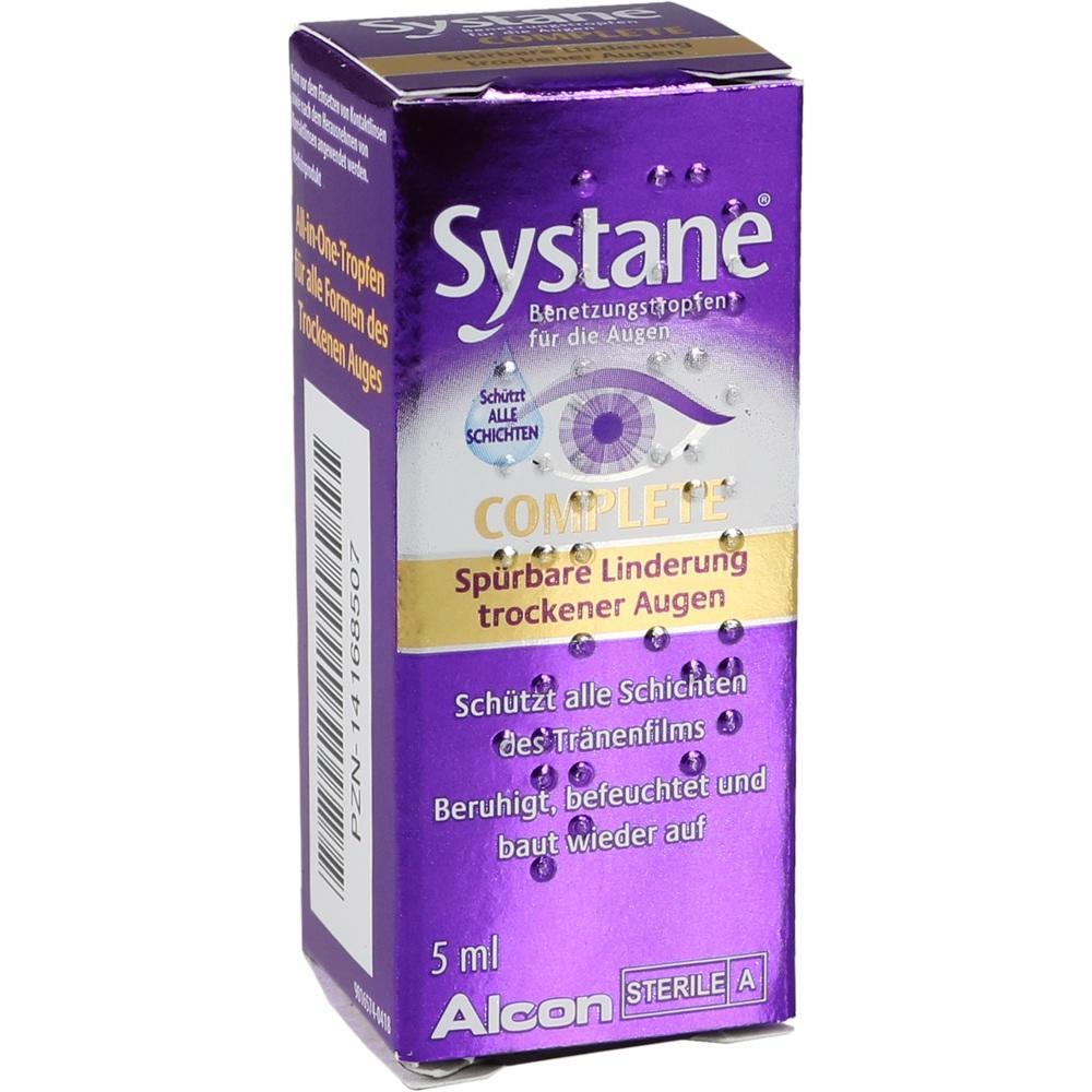 Lila Verpackung von Augentropfen der Marke Systane zur Linderung trockener Augen.