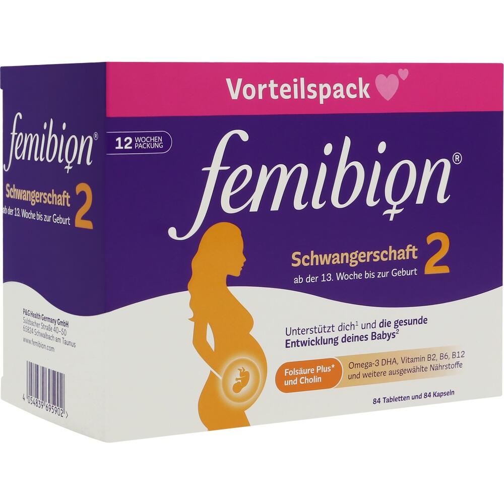Verpackung von Femibion Schwangerschaft 2 Nahrungsergänzungsmittel für werdende Mütter.