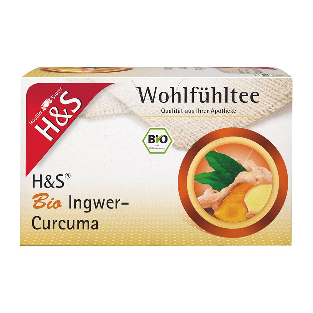 Verpackung von Bio Ingwer-Curcuma-Tee mit Bild von Ingwer und Curcuma.